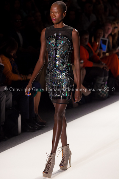 A model on the runway at the Falguni Shane Peacock SS2013 show at New York Mercedes-Benz Fashion Week.