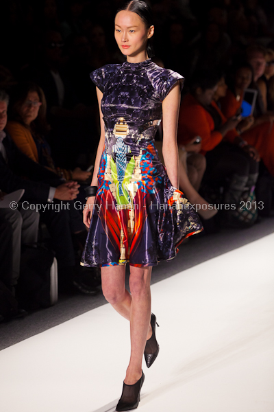 A model on the runway at the Falguni Shane Peacock SS2013 show at New York Mercedes-Benz Fashion Week.