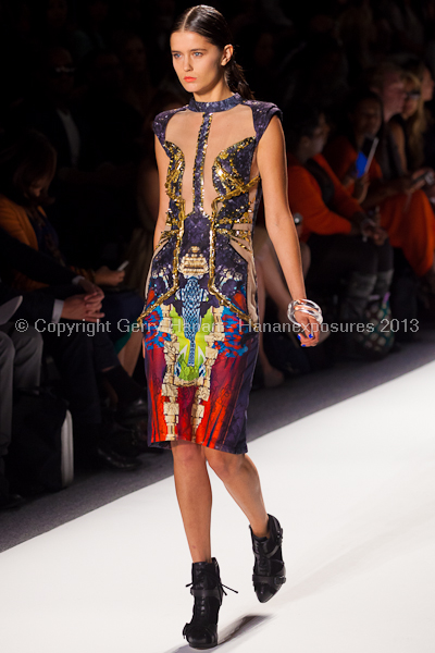 A model on the runway at the Falguni Shane Peacock SS2013 show at New York Mercedes-Benz Fashion Week.