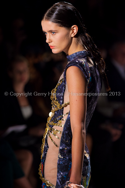 A model on the runway at the Falguni Shane Peacock SS2013 show at New York Mercedes-Benz Fashion Week.