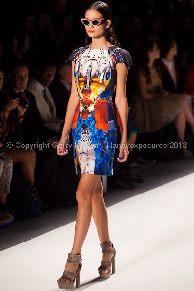 A model on the runway at the Falguni Shane Peacock SS2013 show at New York Mercedes-Benz Fashion Week.