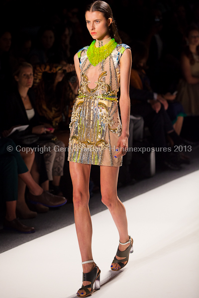 A model on the runway at the Falguni Shane Peacock SS2013 show at New York Mercedes-Benz Fashion Week.