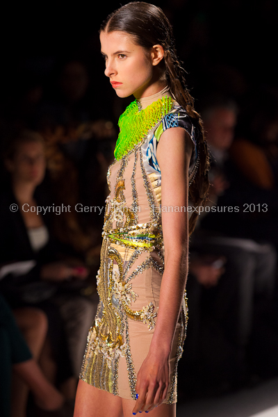 A model on the runway at the Falguni Shane Peacock SS2013 show at New York Mercedes-Benz Fashion Week.