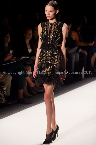 A model on the runway at the Falguni Shane Peacock SS2013 show at New York Mercedes-Benz Fashion Week.