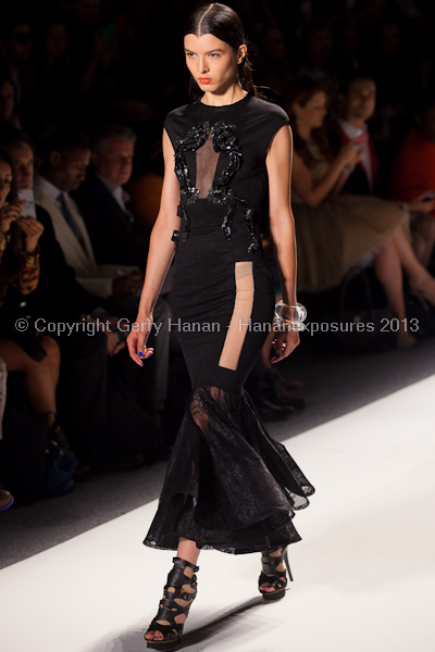 A model on the runway at the Falguni Shane Peacock SS2013 show at New York Mercedes-Benz Fashion Week.