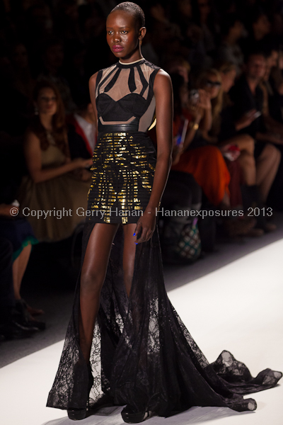 A model on the runway at the Falguni Shane Peacock SS2013 show at New York Mercedes-Benz Fashion Week.