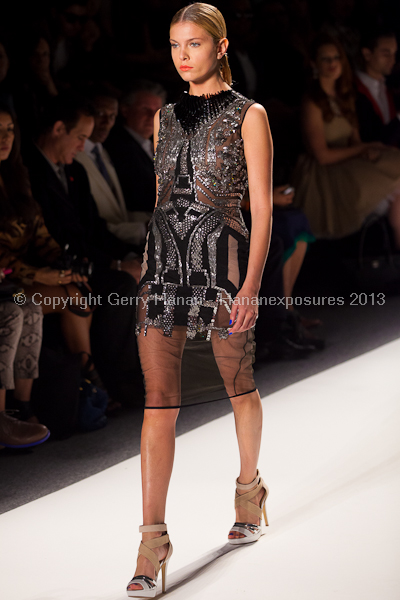 A model on the runway at the Falguni Shane Peacock SS2013 show at New York Mercedes-Benz Fashion Week.