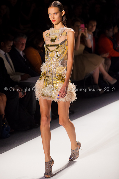 A model on the runway at the Falguni Shane Peacock SS2013 show at New York Mercedes-Benz Fashion Week.