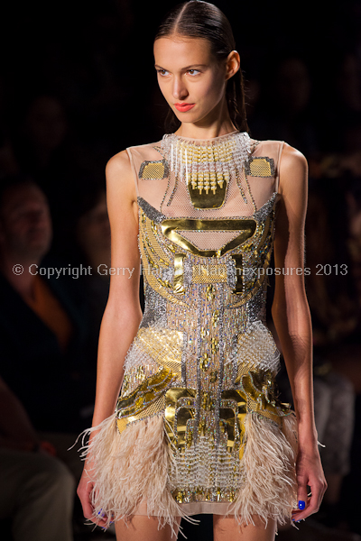 A model on the runway at the Falguni Shane Peacock SS2013 show at New York Mercedes-Benz Fashion Week.