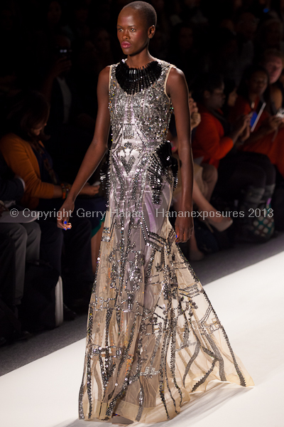 A model on the runway at the Falguni Shane Peacock SS2013 show at New York Mercedes-Benz Fashion Week.