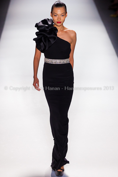 A model on the runway at the Farah Angsana SS2013 show at New York Mercedes-Benz Fashion Week.