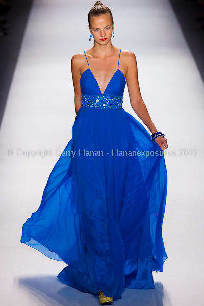 A model on the runway at the Farah Angsana SS2013 show at New York Mercedes-Benz Fashion Week.