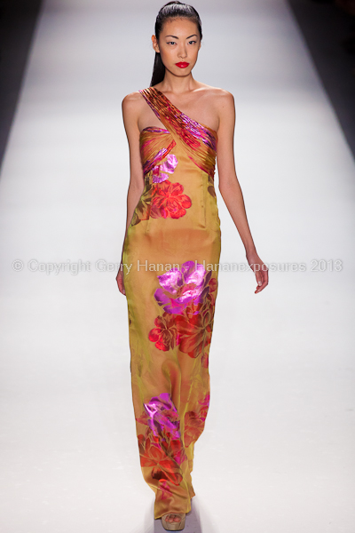 A model on the runway at the Farah Angsana SS2013 show at New York Mercedes-Benz Fashion Week.