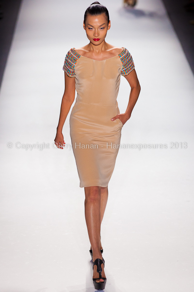 A model on the runway at the Farah Angsana SS2013 show at New York Mercedes-Benz Fashion Week.