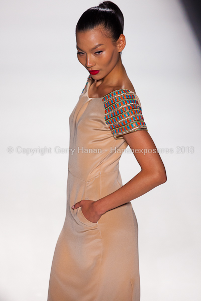 A model on the runway at the Farah Angsana SS2013 show at New York Mercedes-Benz Fashion Week.