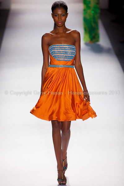 A model on the runway at the Farah Angsana SS2013 show at New York Mercedes-Benz Fashion Week.