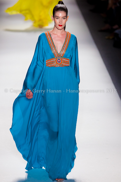 A model on the runway at the Farah Angsana SS2013 show at New York Mercedes-Benz Fashion Week.