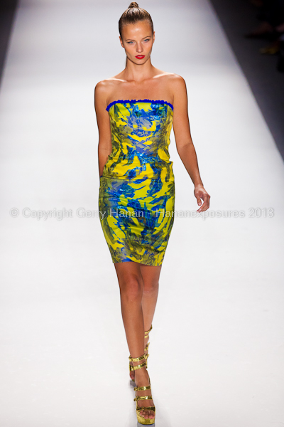 A model on the runway at the Farah Angsana SS2013 show at New York Mercedes-Benz Fashion Week.