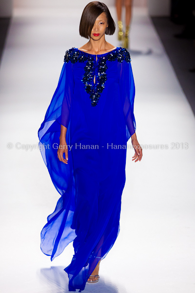 A model on the runway at the Farah Angsana SS2013 show at New York Mercedes-Benz Fashion Week.