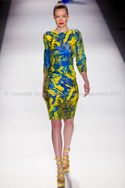 A model on the runway at the Farah Angsana SS2013 show at New York Mercedes-Benz Fashion Week.