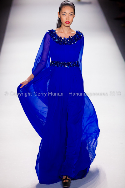 A model on the runway at the Farah Angsana SS2013 show at New York Mercedes-Benz Fashion Week.