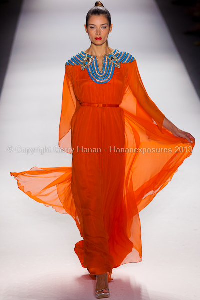 A model on the runway at the Farah Angsana SS2013 show at New York Mercedes-Benz Fashion Week.