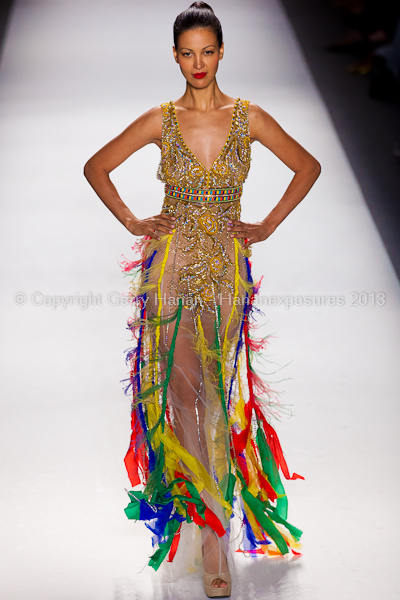 A model on the runway at the Farah Angsana SS2013 show at New York Mercedes-Benz Fashion Week.