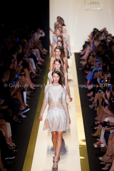 A model on the runway at the Herve Leger SS2013 show at New York Mercedes-Benz Fashion Week.