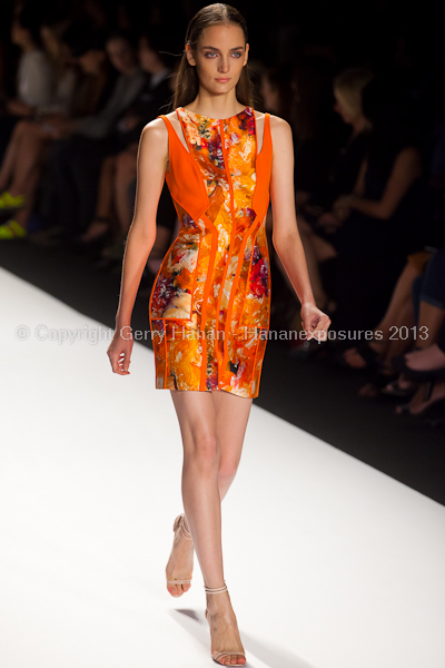 A model on the runway at the J Mendel SS2013 show at New York Mercedes-Benz Fashion Week.