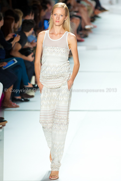 A model on the runway at the Lacoste SS2013 show at New York Mercedes-Benz Fashion Week.