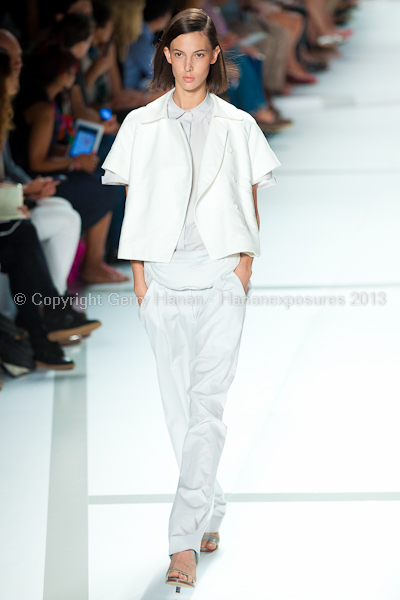 A model on the runway at the Lacoste SS2013 show at New York Mercedes-Benz Fashion Week.