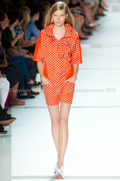 A model on the runway at the Lacoste SS2013 show at New York Mercedes-Benz Fashion Week.