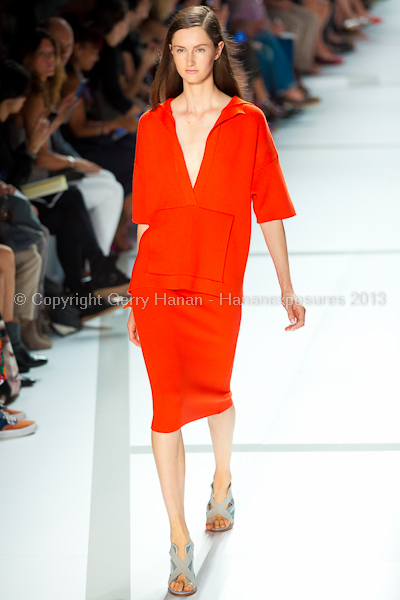 A model on the runway at the Lacoste SS2013 show at New York Mercedes-Benz Fashion Week.