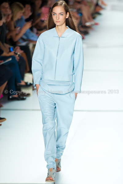 A model on the runway at the Lacoste SS2013 show at New York Mercedes-Benz Fashion Week.