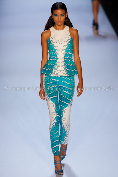 A model on the runway at the Monique Lhuillier SS2013 show at New York Mercedes-Benz Fashion Week.