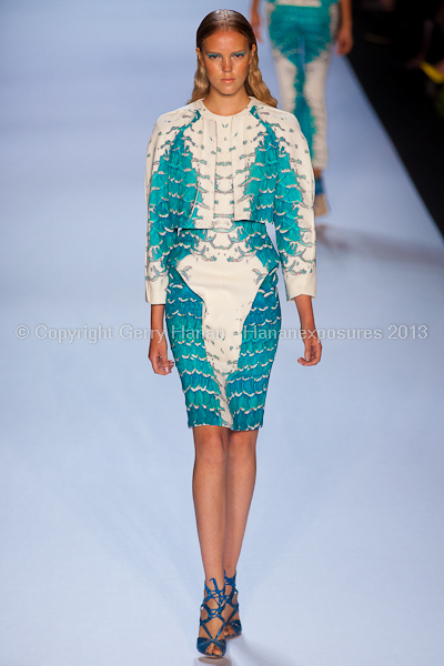 A model on the runway at the Monique Lhuillier SS2013 show at New York Mercedes-Benz Fashion Week.