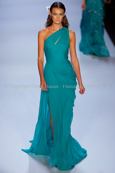 A model on the runway at the Monique Lhuillier SS2013 show at New York Mercedes-Benz Fashion Week.