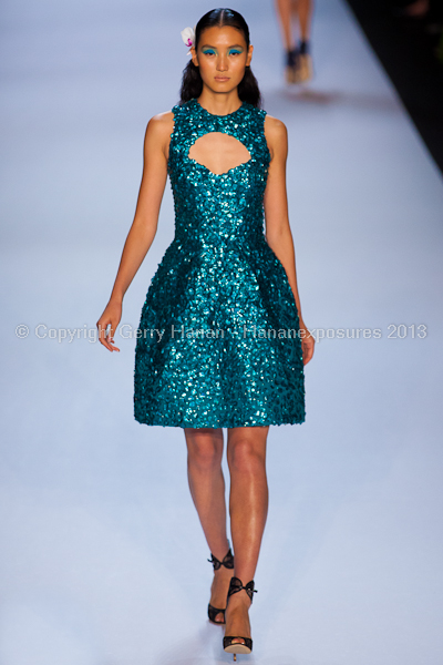 A model on the runway at the Monique Lhuillier SS2013 show at New York Mercedes-Benz Fashion Week.