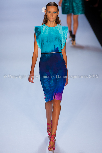 A model on the runway at the Monique Lhuillier SS2013 show at New York Mercedes-Benz Fashion Week.