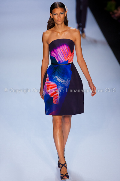 A model on the runway at the Monique Lhuillier SS2013 show at New York Mercedes-Benz Fashion Week.