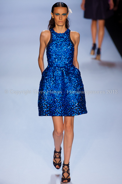 A model on the runway at the Monique Lhuillier SS2013 show at New York Mercedes-Benz Fashion Week.