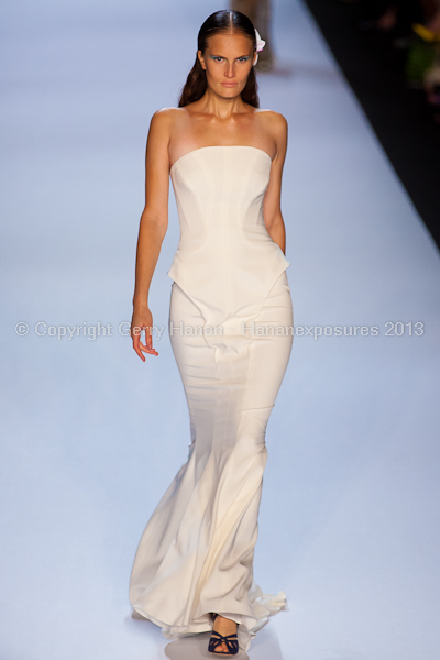 A model on the runway at the Monique Lhuillier SS2013 show at New York Mercedes-Benz Fashion Week.