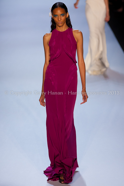 A model on the runway at the Monique Lhuillier SS2013 show at New York Mercedes-Benz Fashion Week.