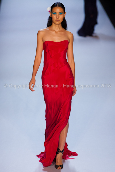 A model on the runway at the Monique Lhuillier SS2013 show at New York Mercedes-Benz Fashion Week.