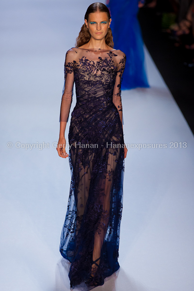 A model on the runway at the Monique Lhuillier SS2013 show at New York Mercedes-Benz Fashion Week.