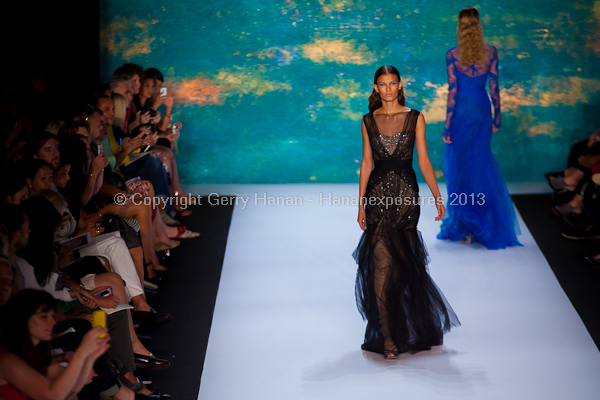 A model on the runway at the Monique Lhuillier SS2013 show at New York Mercedes-Benz Fashion Week.