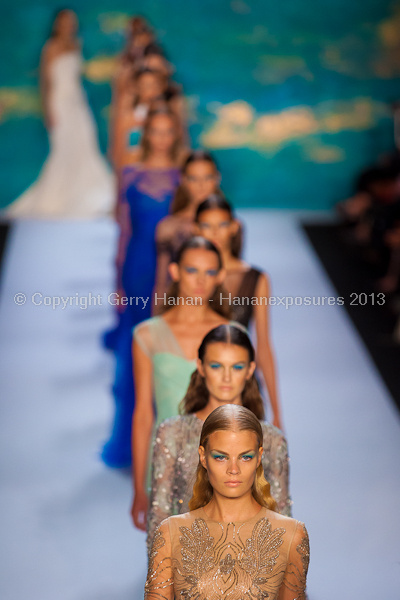 A model on the runway at the Monique Lhuillier SS2013 show at New York Mercedes-Benz Fashion Week.