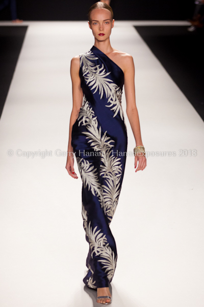 A model on the runway at the Naeem Khan SS2013 show at New York Mercedes-Benz Fashion Week.
