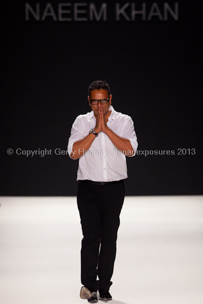 A model on the runway at the Naeem Khan SS2013 show at New York Mercedes-Benz Fashion Week.