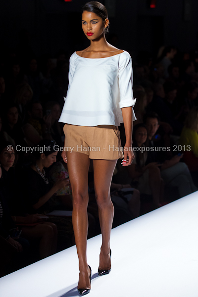 A model on the runway at the Norisol Ferrari SS2013 show at New York Mercedes-Benz Fashion Week.